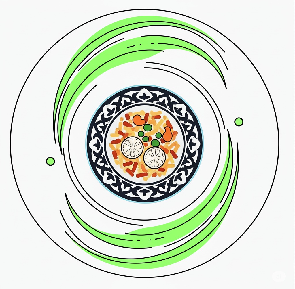 A stylized illustration of Uzbek plov in a traditional bowl, surrounded by green flowing lines.